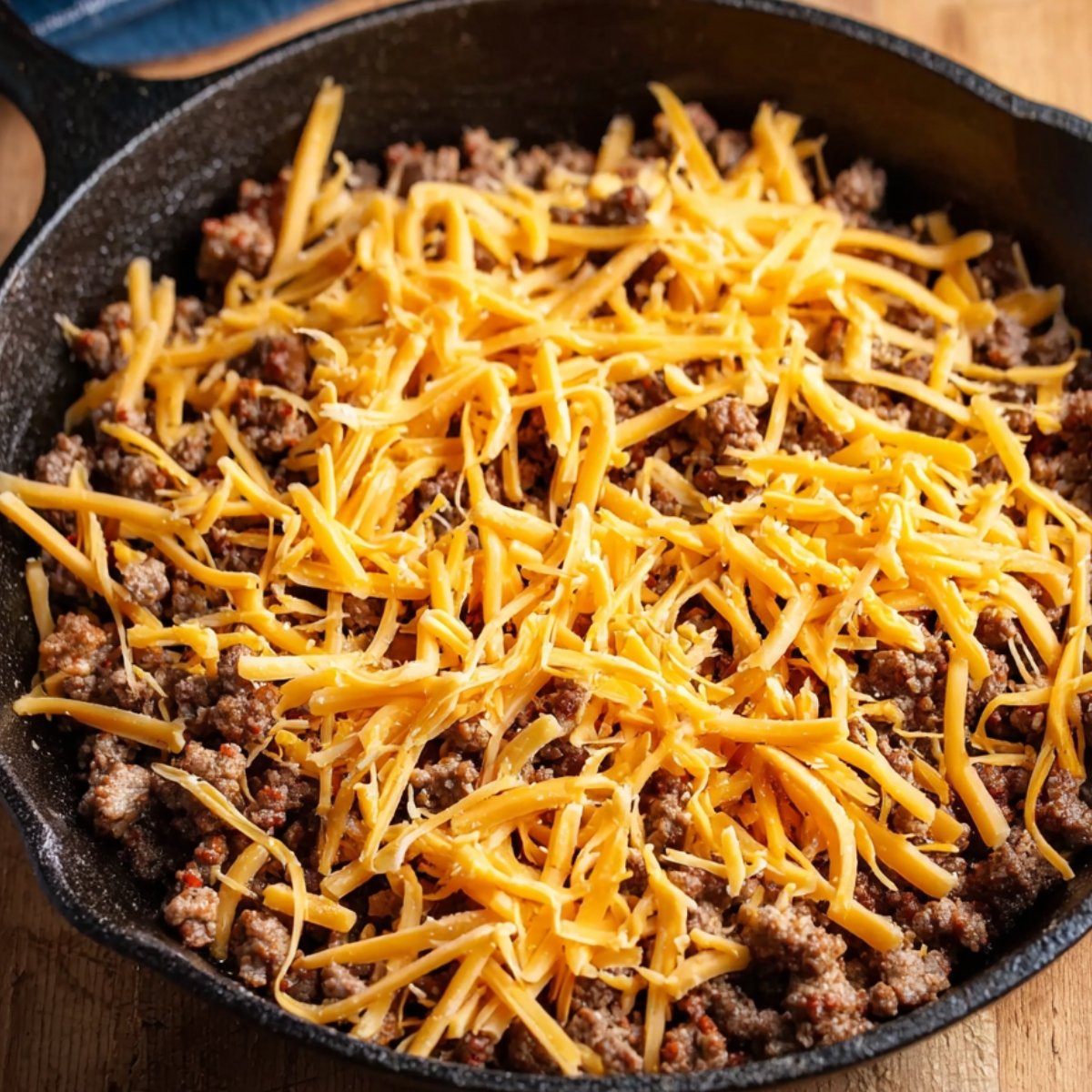 Overhead view of a cast-iron skillet filled with cooked ground beef topped with a generous layer of shredded cheddar cheese, ready to be baked.