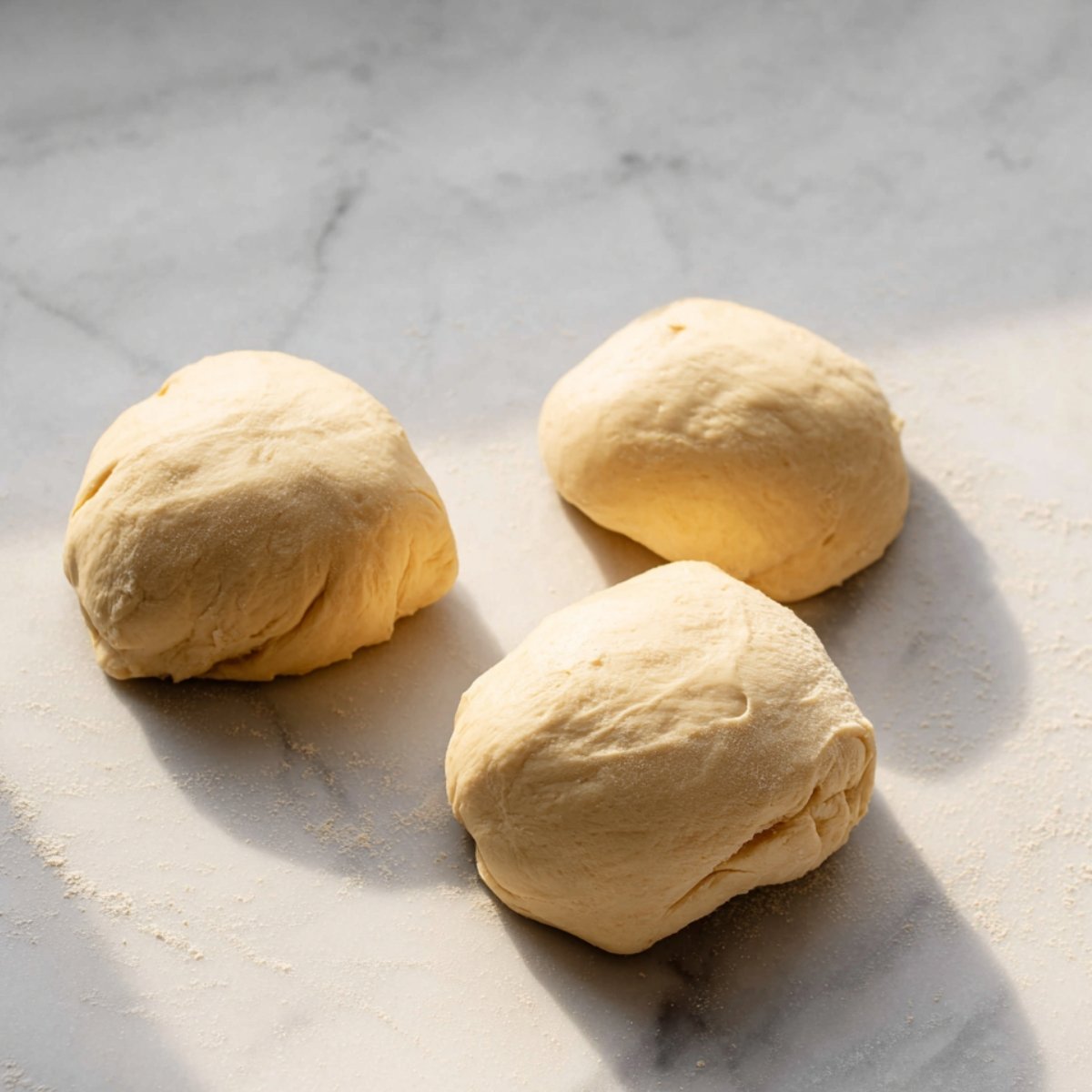 Three smooth balls of dough on a floured surface, ready for shaping or filling