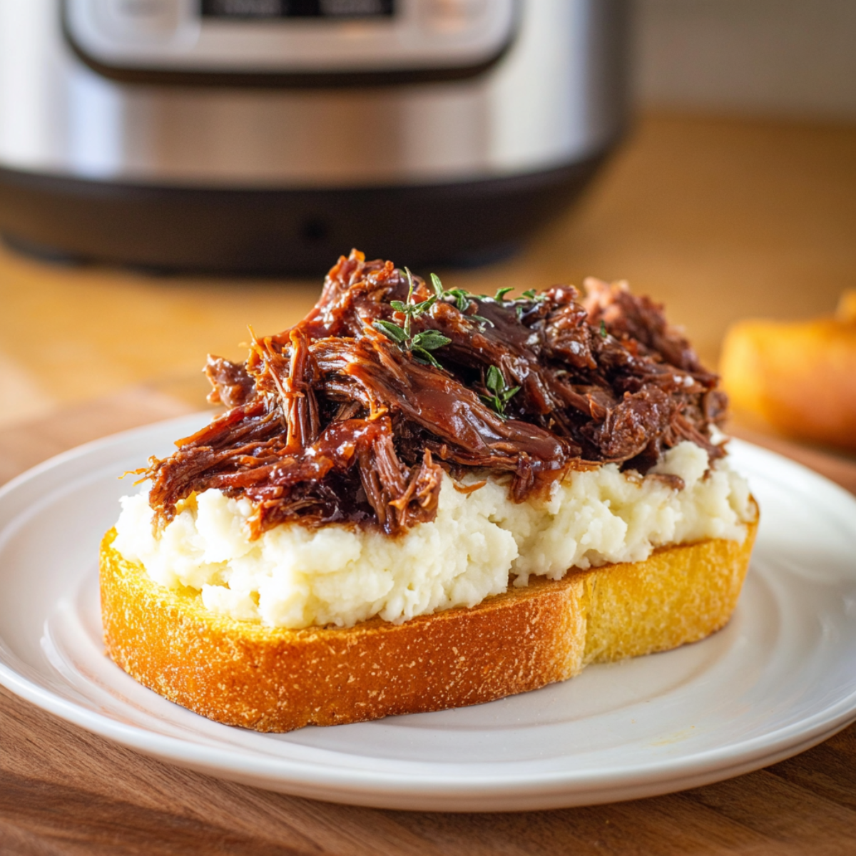 A close-up of a slice of bread topped with creamy mashed potatoes and shredded slow-cooked beef in a rich brown sauce, garnished with fresh herbs, on a white plate.