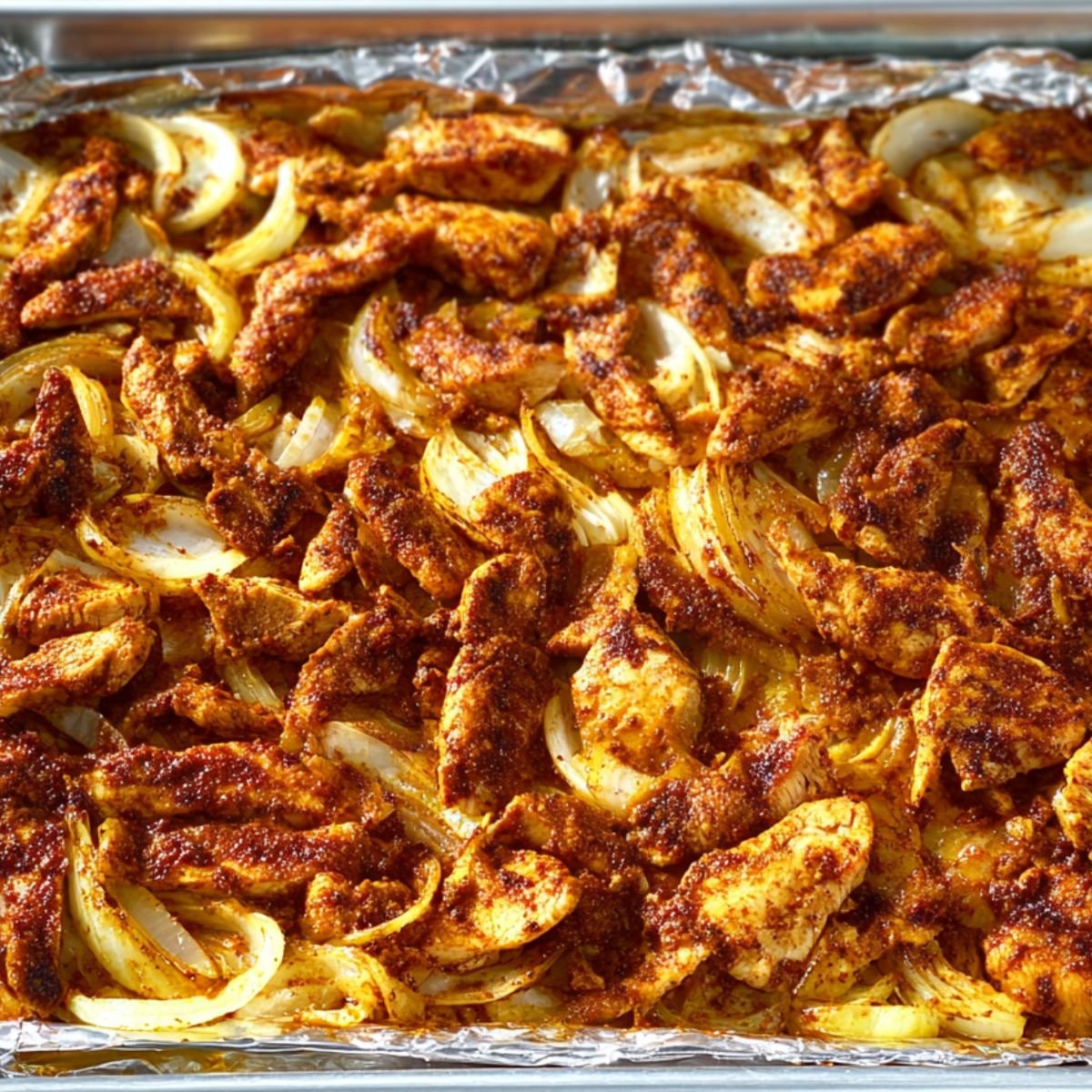A foil-lined baking sheet filled with seasoned chicken strips and sliced onions, cooked to golden brown with spices visible on top.