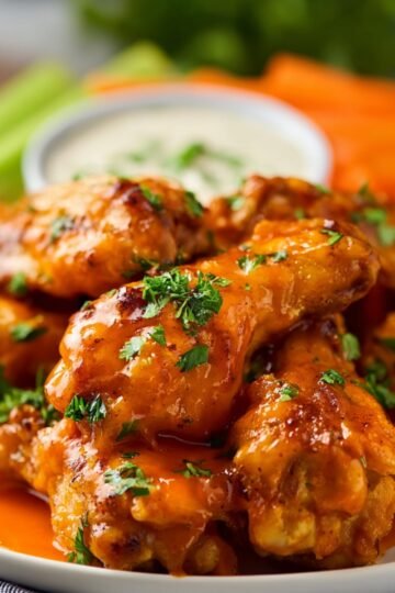Cooked buffalo chicken wings coated in spicy orange sauce, garnished with chopped parsley, served with celery and carrot sticks in the background