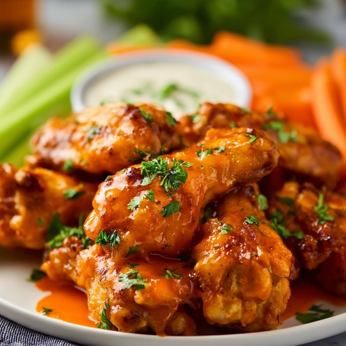 Cooked buffalo chicken wings coated in spicy orange sauce, garnished with chopped parsley, served with celery and carrot sticks in the background