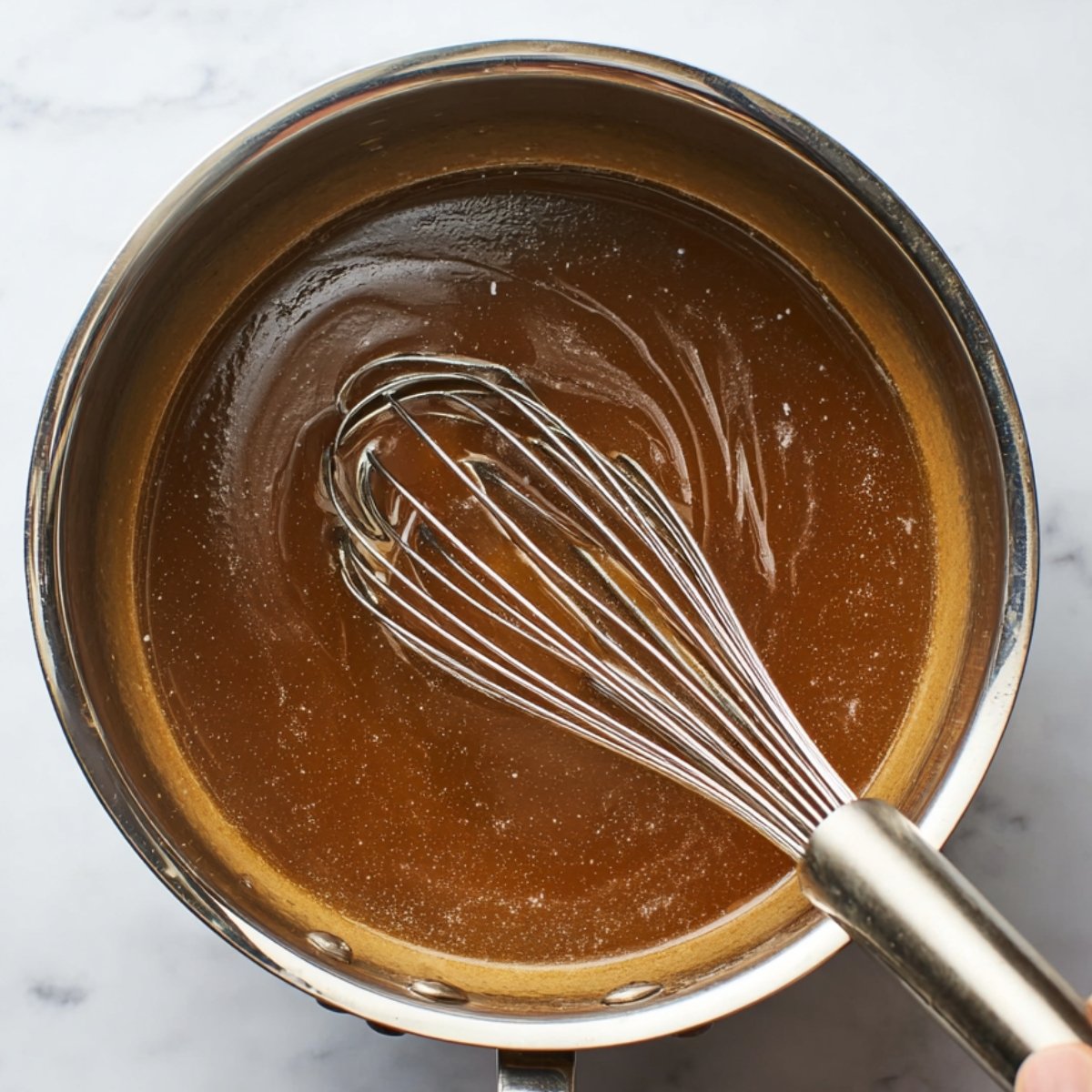 Top-down view of a stainless steel saucepan with thick brown glaze being whisked, smooth and glossy texture, realistic food photography, neutral marble background."