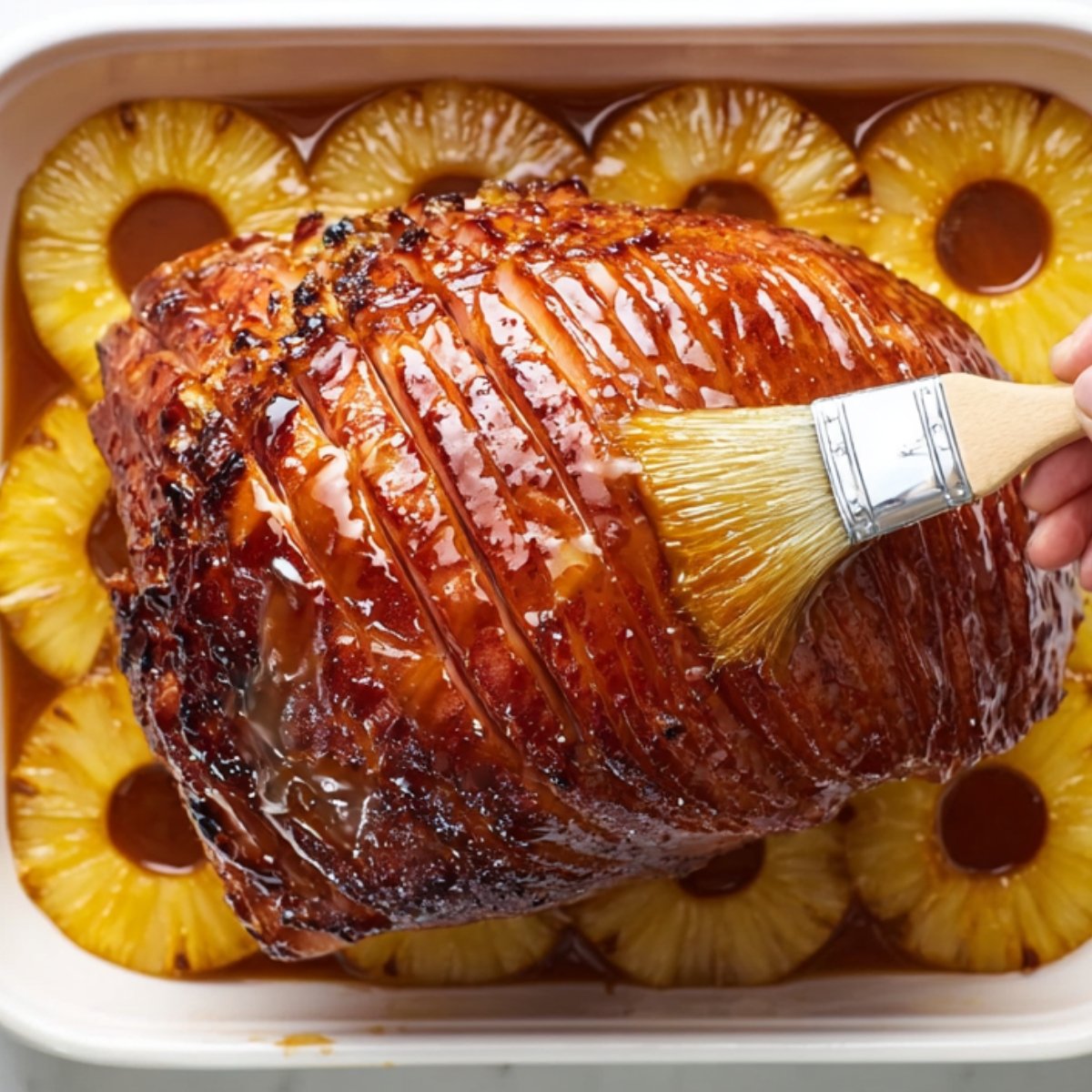 Overhead view of a baked ham in a white dish, surrounded by pineapple rings, being brushed with a shiny glaze using a pastry brush, glossy caramelized surface, natural lighting.