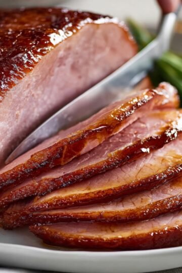Close-up of a glazed baked ham on a white plate, several slices fanned out, knife slicing through, rich golden-brown caramelized surface, juicy interior, served with a side of green beans."
