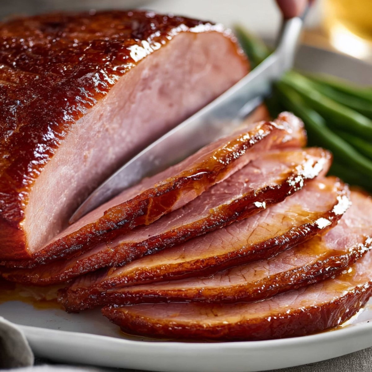 Close-up of a glazed baked ham on a white plate, several slices fanned out, knife slicing through, rich golden-brown caramelized surface, juicy interior, served with a side of green beans."