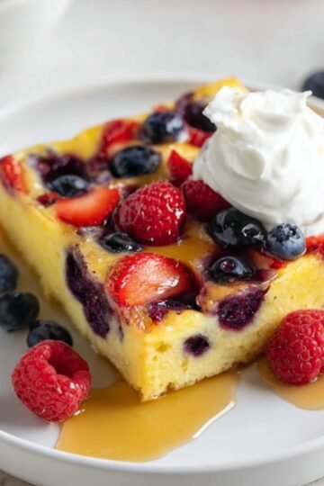 A slice of Berry Baked Yogurt on a plate, topped with whipped cream, surrounded by fresh berries and drizzled with syrup.