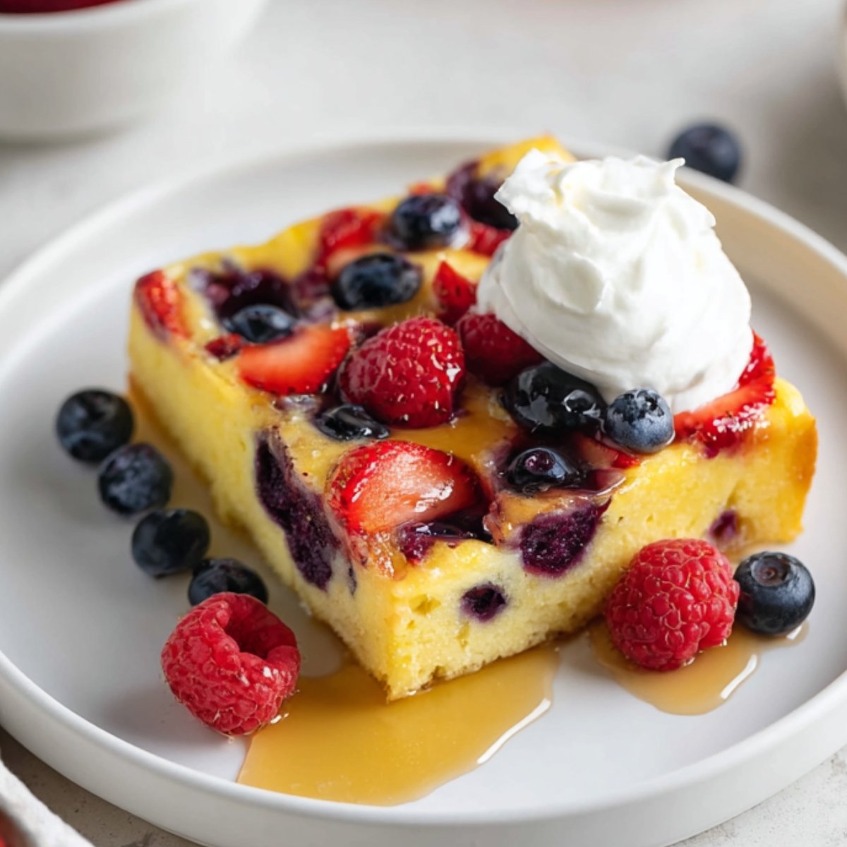 A slice of Berry Baked Yogurt on a plate, topped with whipped cream, surrounded by fresh berries and drizzled with syrup.