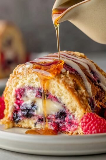 A close-up of a slice of berry-stuffed French toast on a plate, with syrup being poured over it and fresh raspberries on the side.