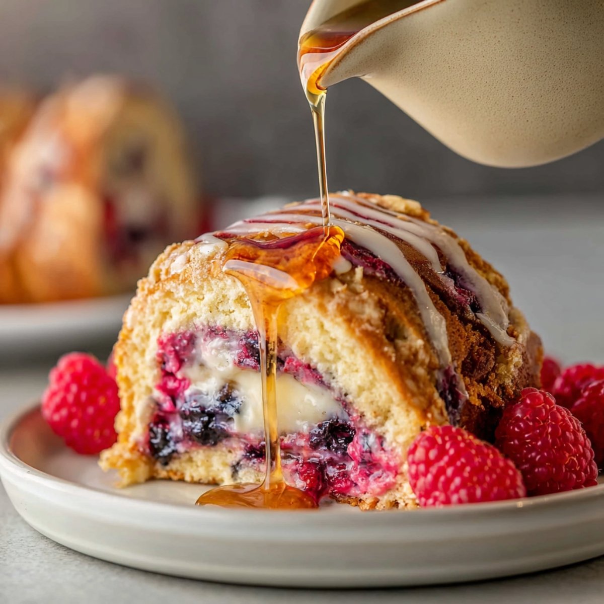 A close-up of a slice of berry-stuffed French toast on a plate, with syrup being poured over it and fresh raspberries on the side.