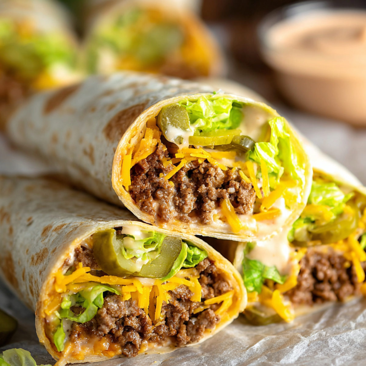 Three tortilla Big Mac Wraps filled with cooked ground beef, shredded cheddar cheese, pickles, shredded lettuce, and a creamy sauce, cut in half and stacked to show the colorful filling inside.