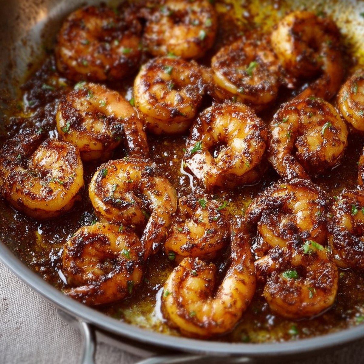 A close-up of a stainless steel skillet with blackened shrimp sizzling in a rich, spiced butter sauce, garnished with finely chopped parsley, showing caramelized seasoning and glistening juices.