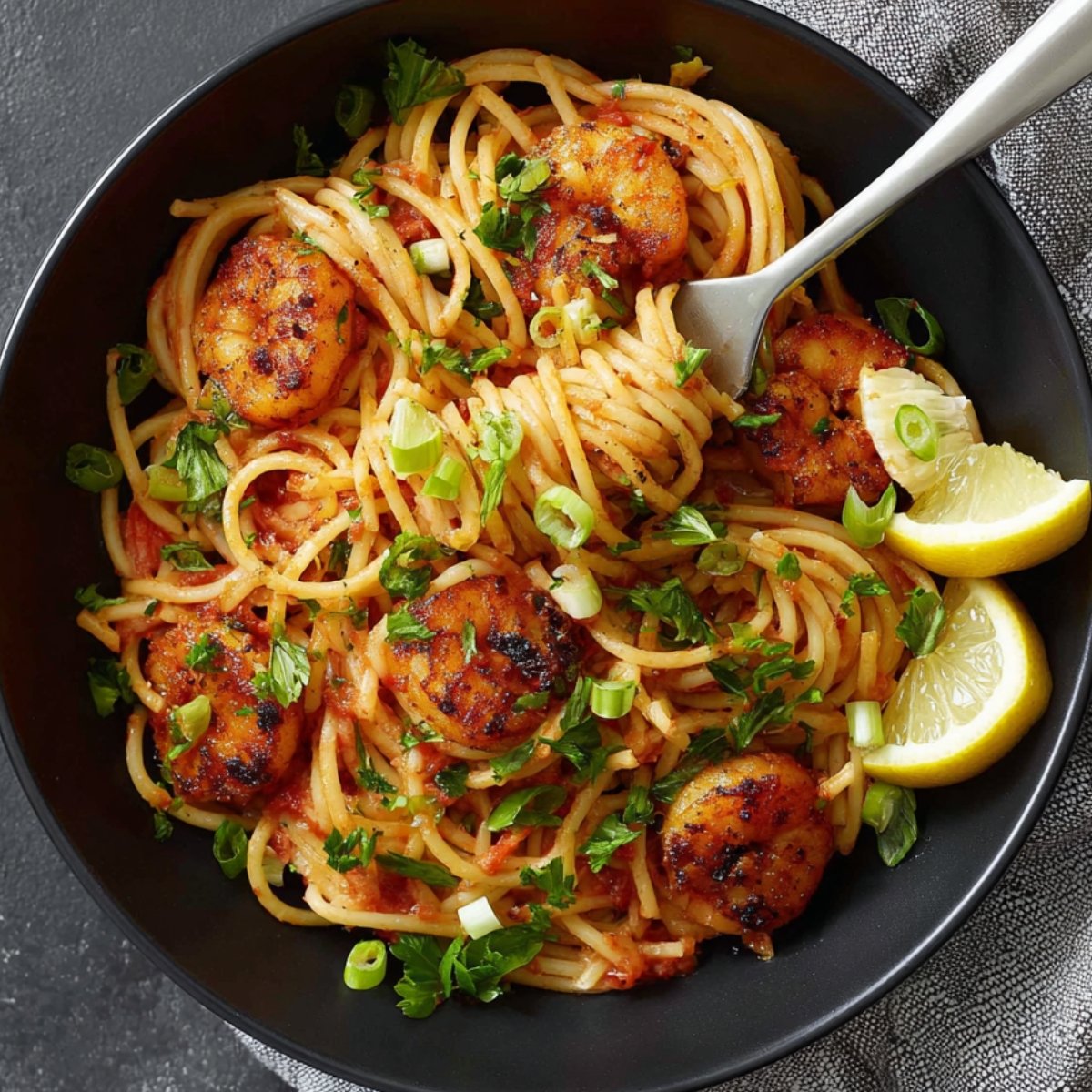 A black bowl filled with spaghetti pasta tossed with blackened shrimp in a tomato-based sauce, garnished with chopped parsley and sliced green onions, with two lemon wedges on the side and a fork resting in the pasta, overhead view.