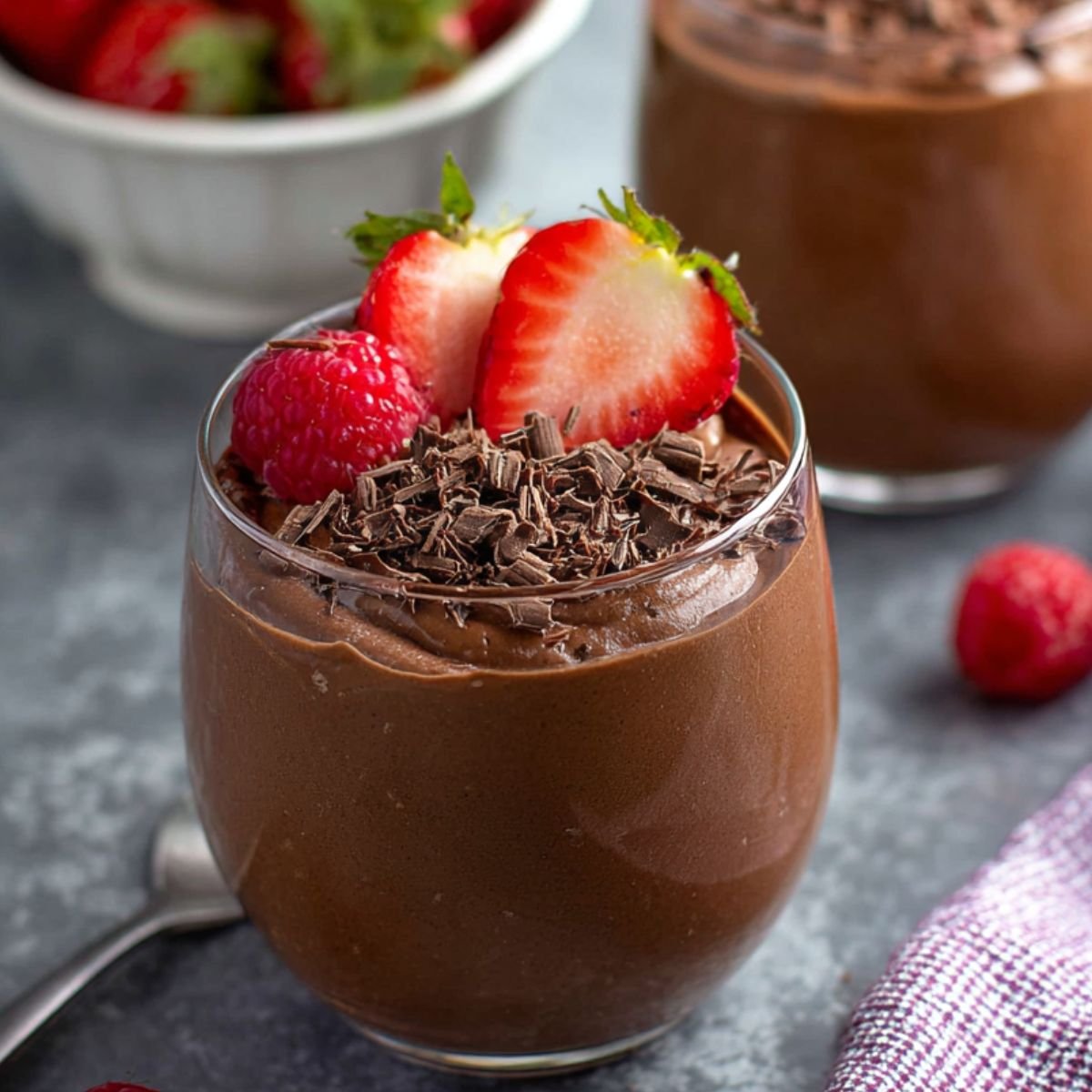 A glass filled with creamy Blended Chocolate Chia Pudding, topped with fresh strawberry halves, a raspberry, and chocolate shavings, placed on a dark surface with a blurred background of more berries and pudding.
