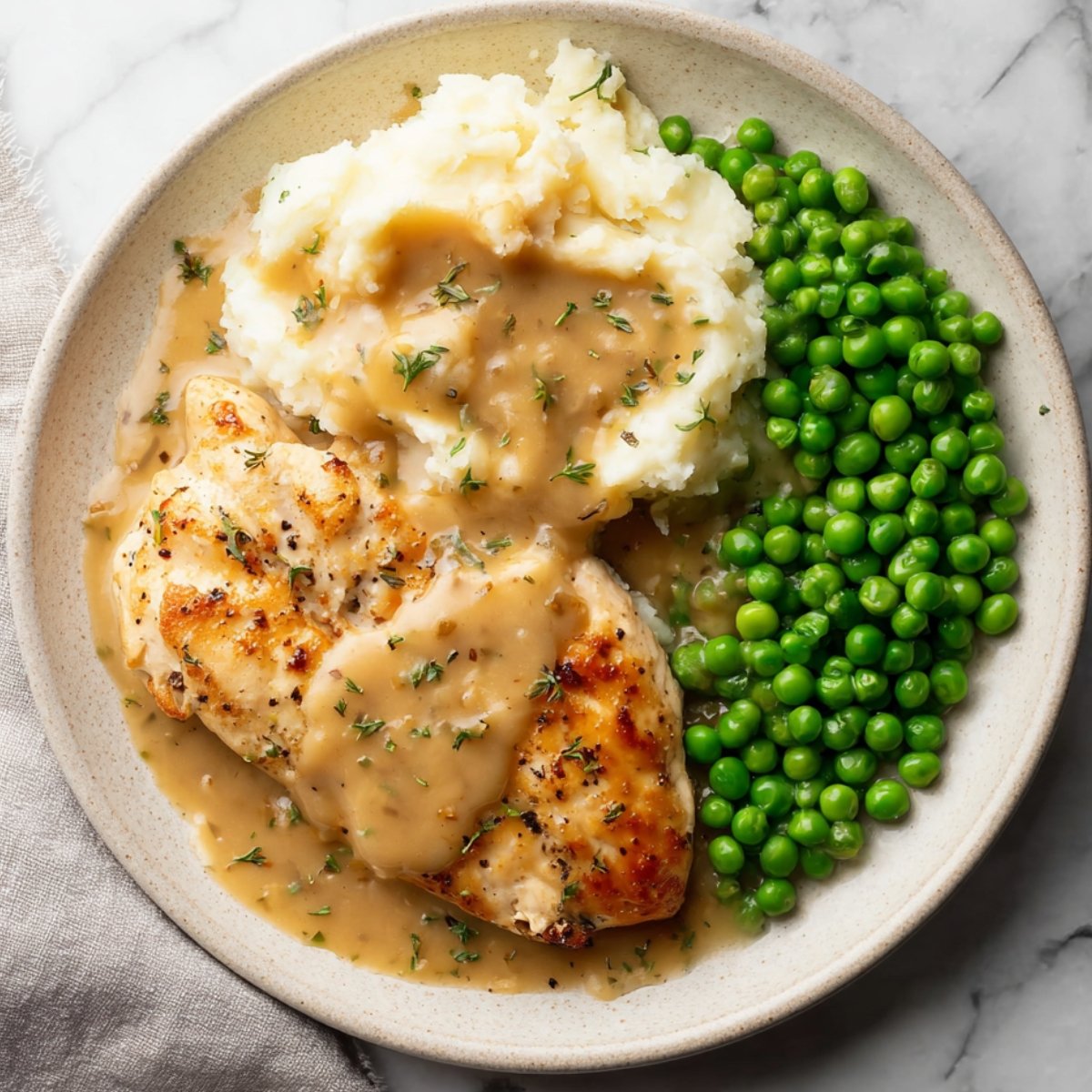 Plate of Boursin chicken served with mashed potatoes topped with gravy and a side of bright green peas