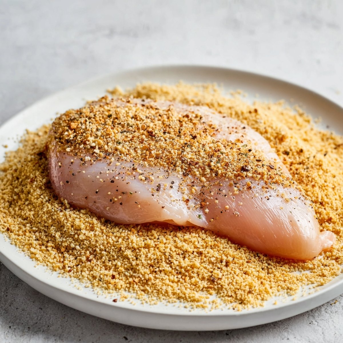 Raw chicken breast coated with seasoned breadcrumbs on a white plate, ready for cooking.