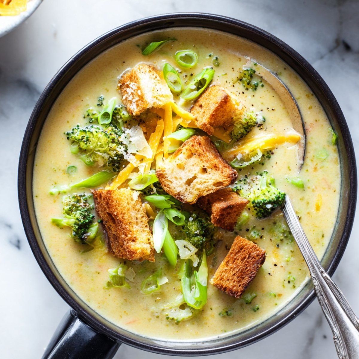A bowl of creamy soup with chunks of broccoli, shredded cheddar cheese, croutons, and sliced green onions, with a spoon in the bowl.