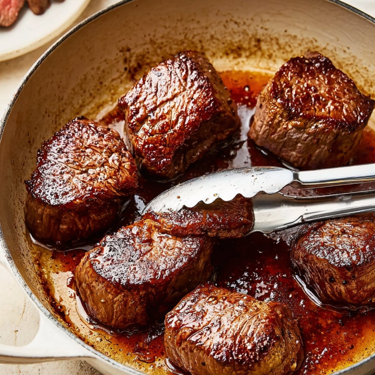 A close-up of seared beef medallions in a white pan, browned and glistening with juices, with a pair of tongs resting on the pan.