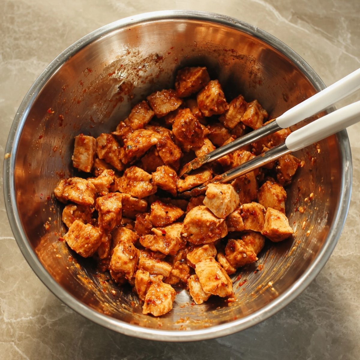 A metal mixing bowl filled with cubed chicken coated in spicy buffalo sauce, with tongs ready to toss the chicken.