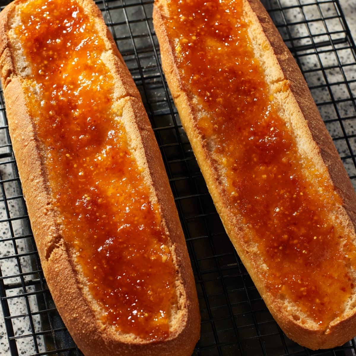 Two long French bread halves spread with a layer of orange buffalo sauce, placed on a wire cooling rack.