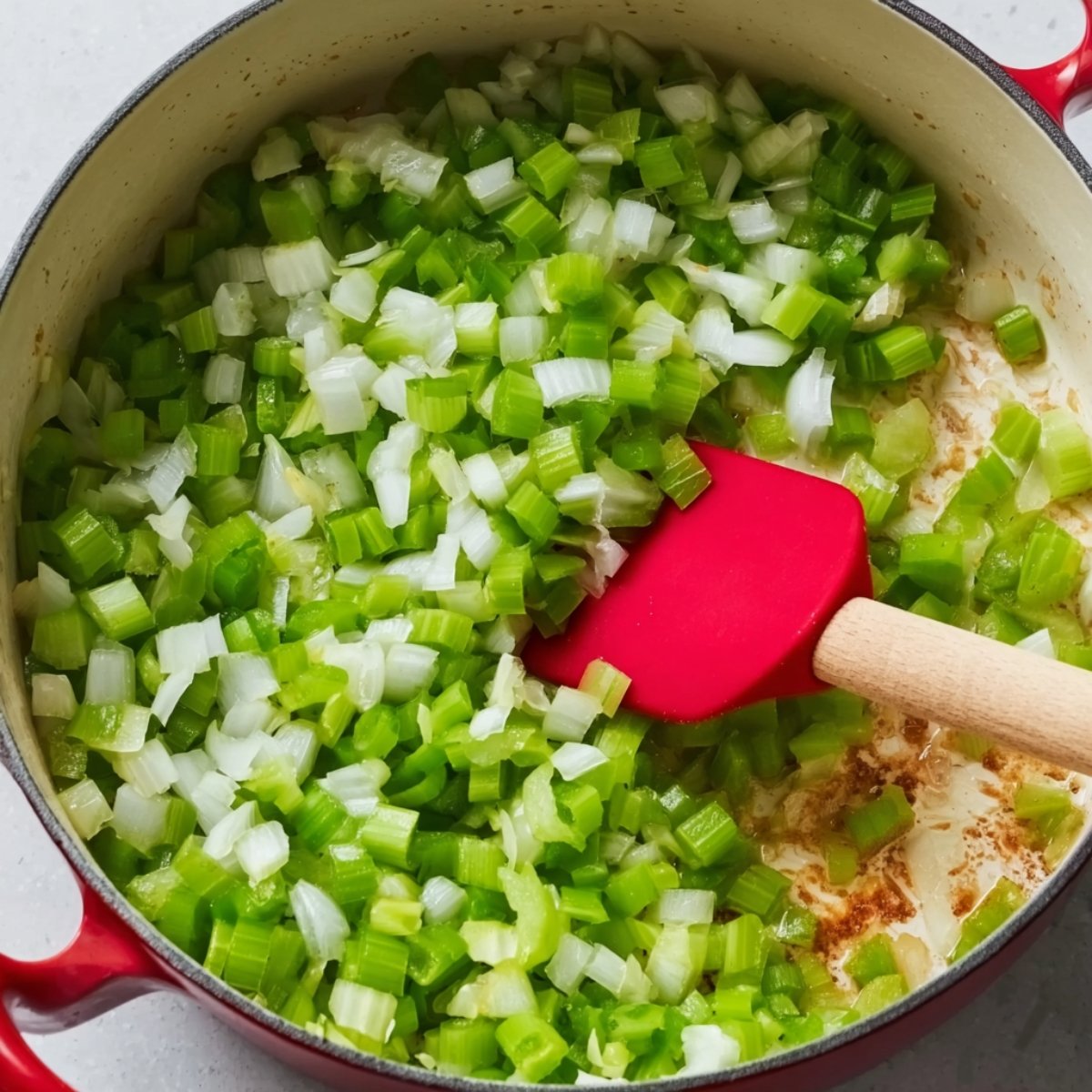 A red Dutch oven filled with diced onions and chopped celery being sautéed with a red silicone spatula resting in the mixture