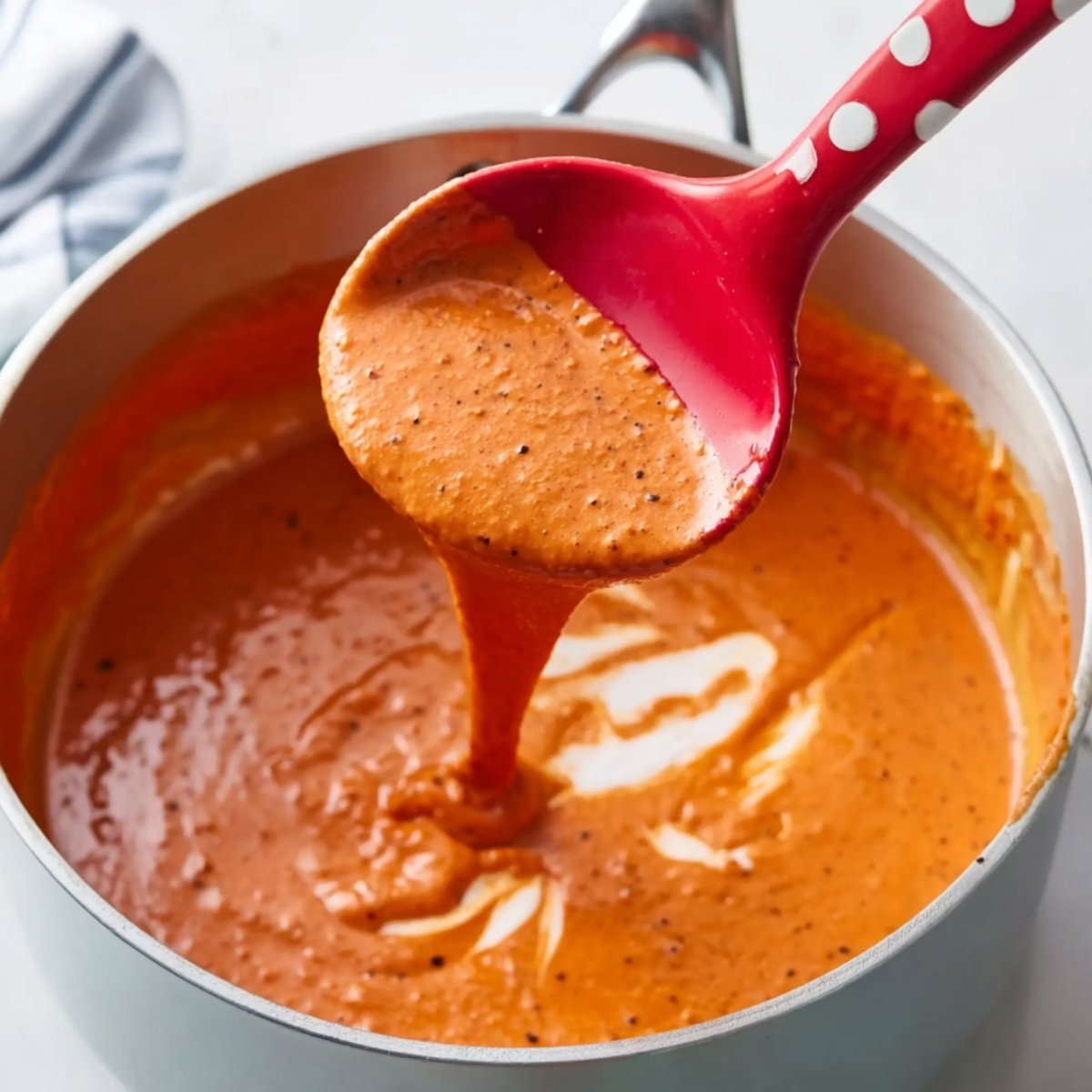 Red creamy tomato sauce being lifted from a pot with a red polka dot ladle