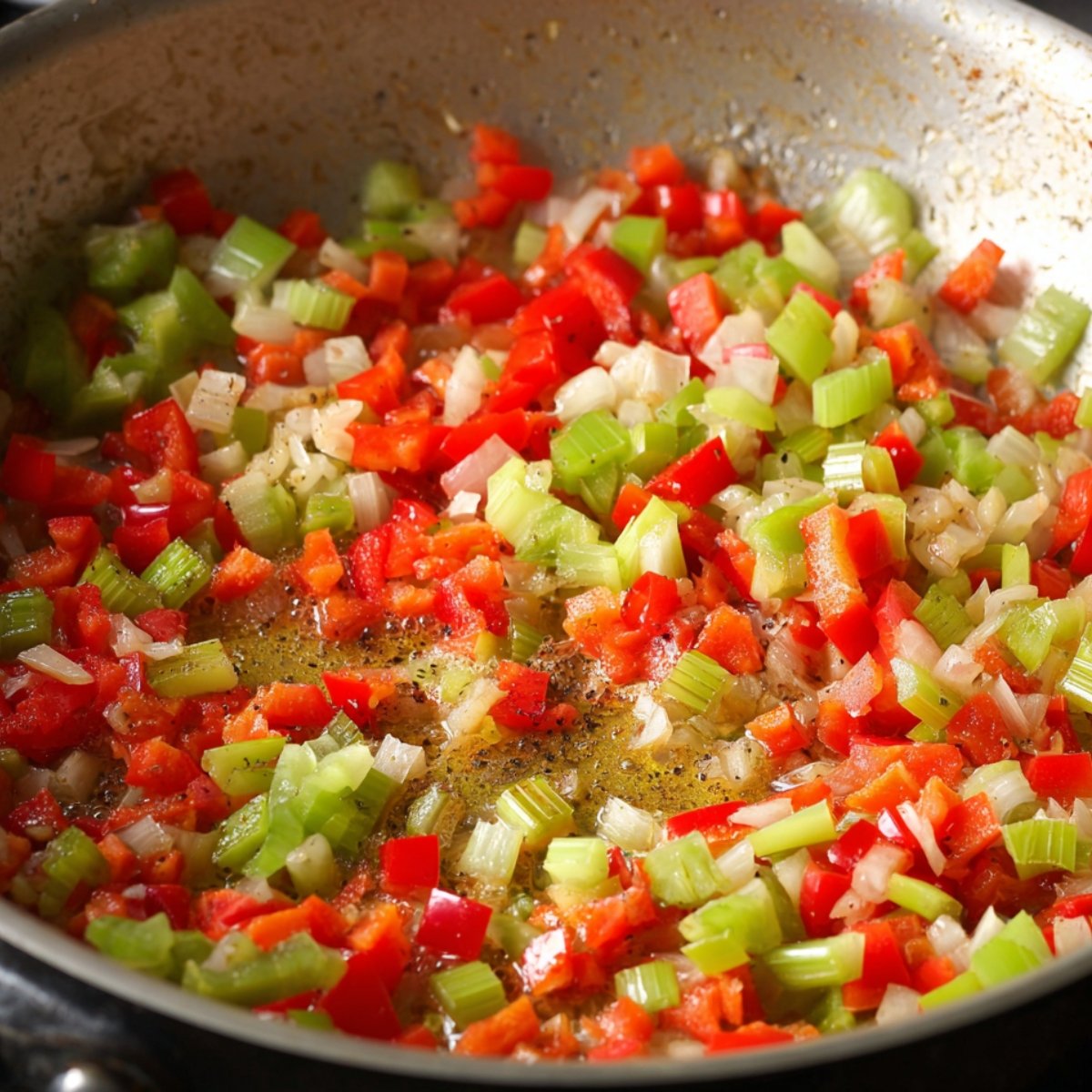 A skillet with diced red bell peppers, green bell peppers, celery, and onions sautéing in oil, forming the base for a Cajun potato soup.