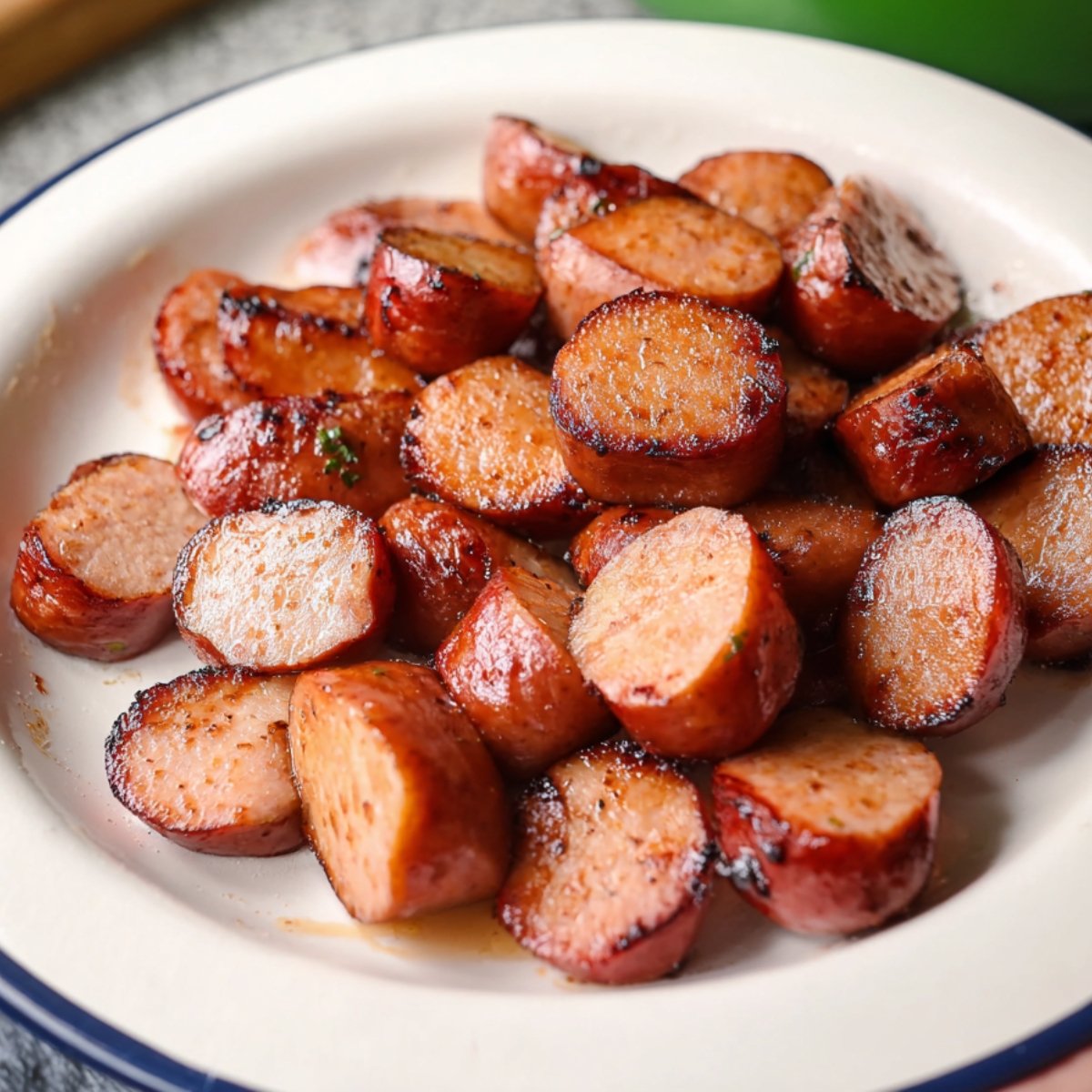 A white plate filled with sliced, browned Cajun-style sausage, cooked until caramelized and slightly crispy.