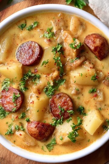 A bowl of creamy Cajun potato soup with chunks of potatoes, sausage slices, and garnished with chopped parsley, served on a wooden table.