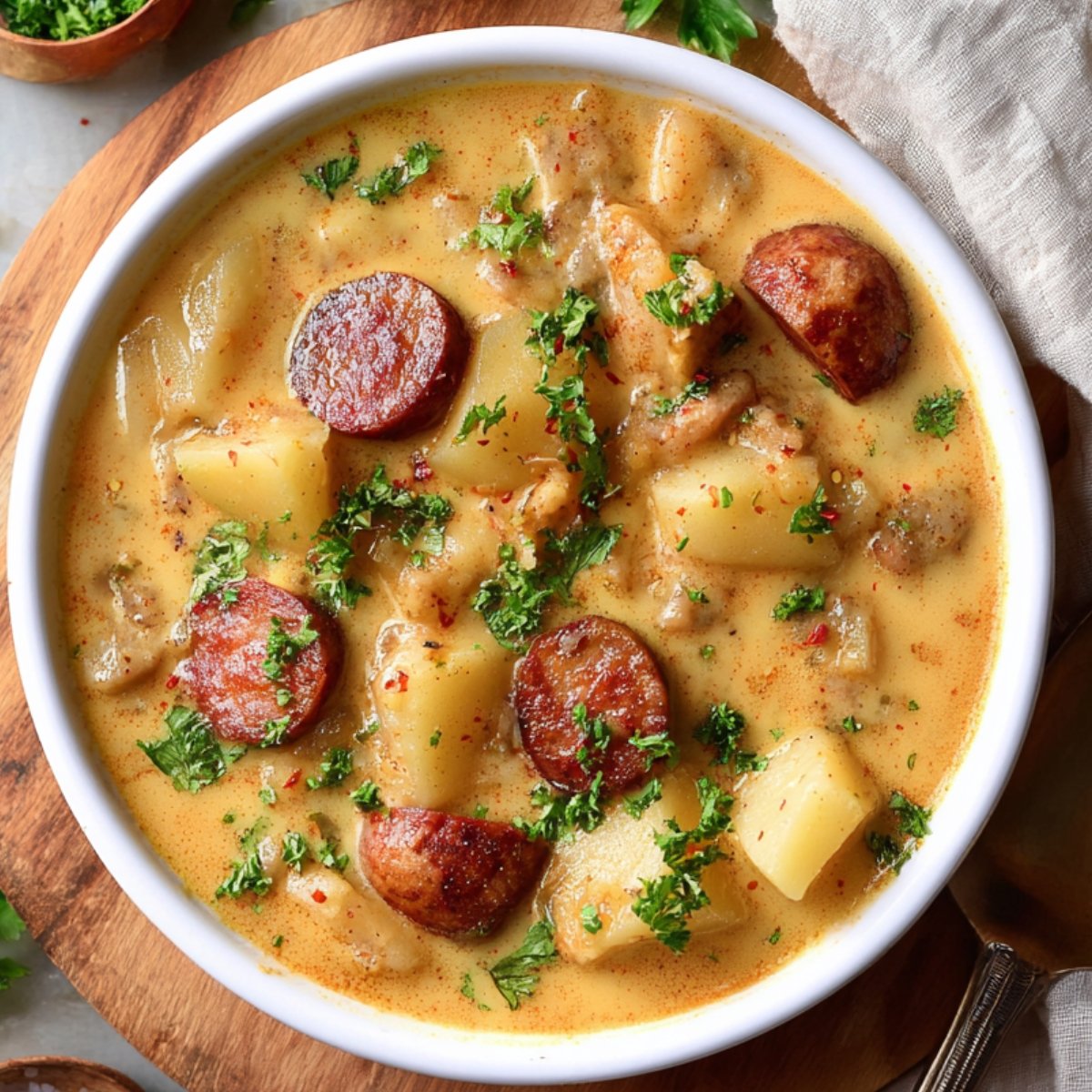 A bowl of creamy Cajun potato soup with chunks of potatoes, sausage slices, and garnished with chopped parsley, served on a wooden table.