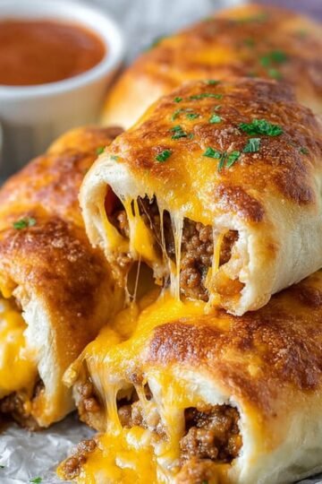 Baked Baked taco-stuffed dough rolls with melted cheese oozing out, garnished with herbs and served with small bowls of dipping sauces-stuffed dough rolls with melted cheese oozing out, garnished with herbs and served with small bowls of dipping sauces