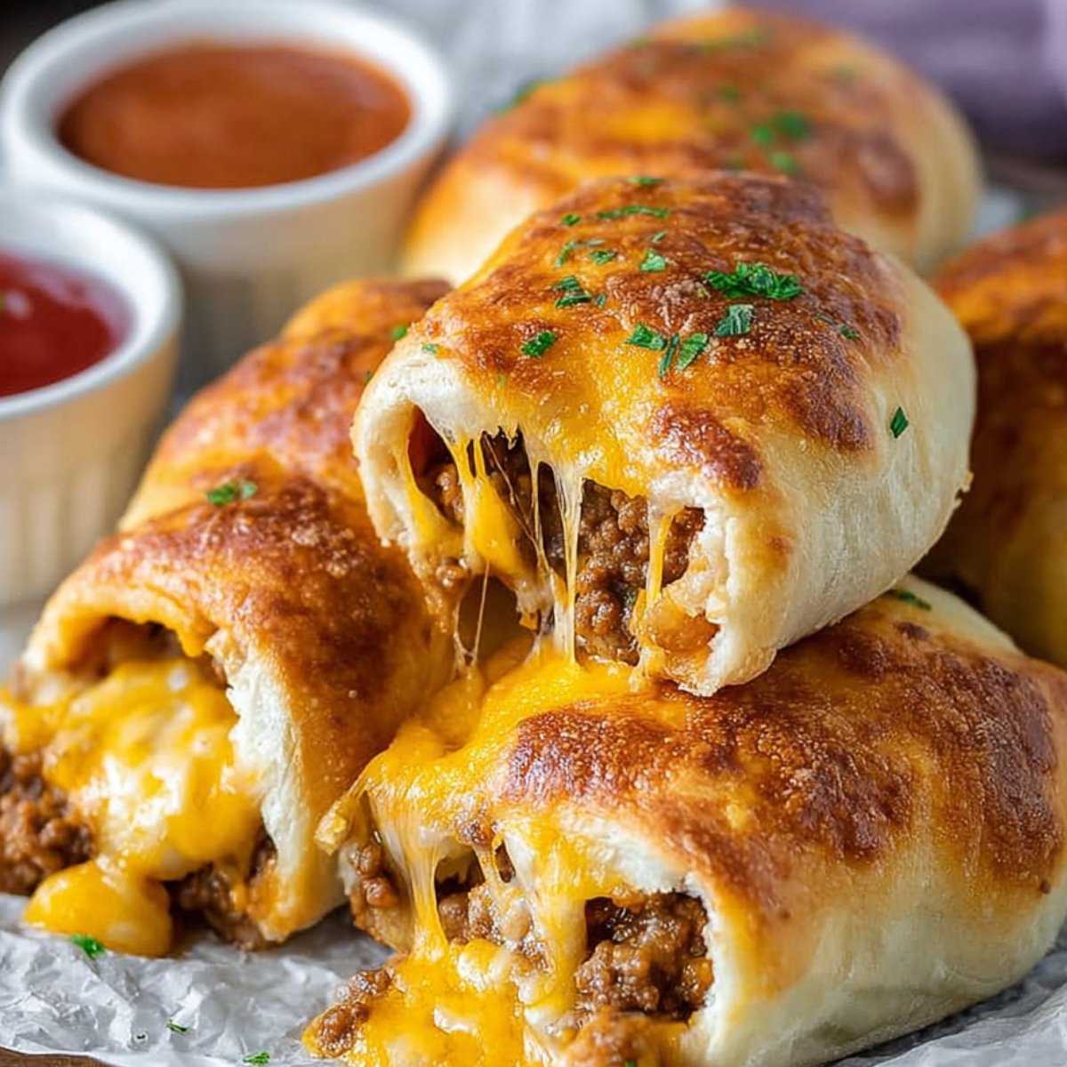 Baked Baked taco-stuffed dough rolls with melted cheese oozing out, garnished with herbs and served with small bowls of dipping sauces-stuffed dough rolls with melted cheese oozing out, garnished with herbs and served with small bowls of dipping sauces