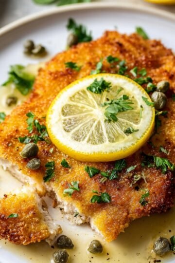 Crispy breaded Chicken Piccata cutlet served with lemon slice, fresh parsley, and capers on a plate, a piece cut off to reveal the inside.