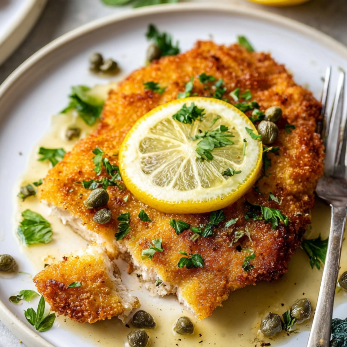 Crispy breaded Chicken Piccata cutlet served with lemon slice, fresh parsley, and capers on a plate, a piece cut off to reveal the inside.
