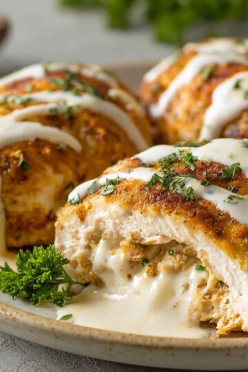 Plate of baked chicken pillows, golden brown and drizzled with creamy sauce, garnished with chopped parsley