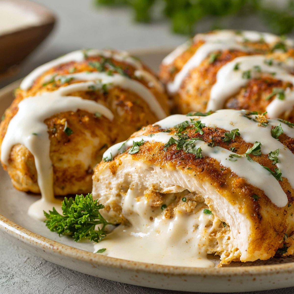 Plate of baked chicken pillows, golden brown and drizzled with creamy sauce, garnished with chopped parsley