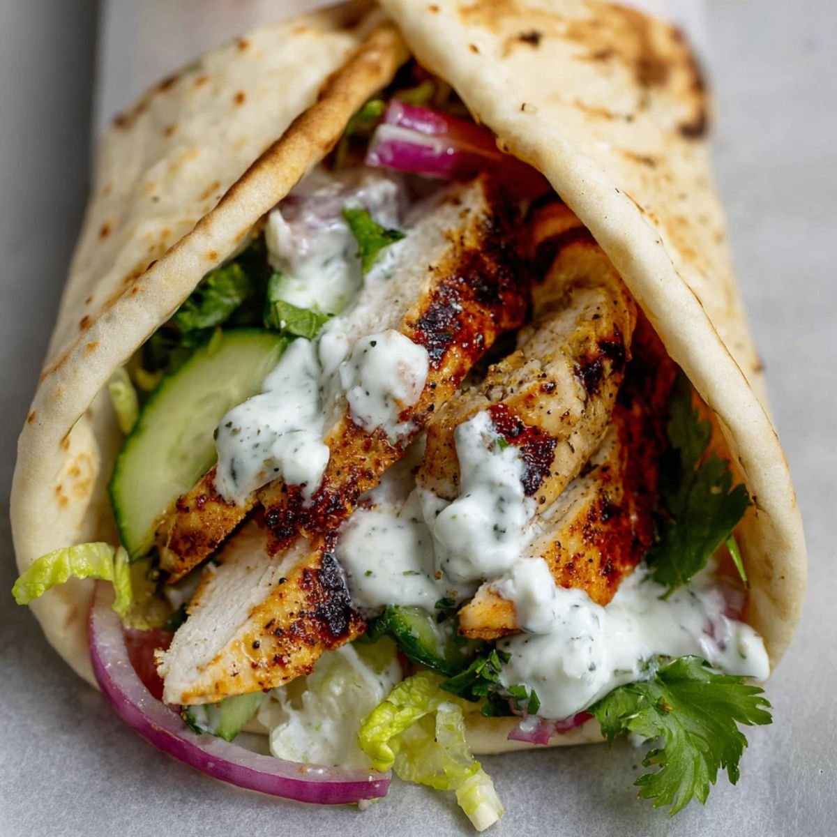 A close-up of a chicken shawarma wrap with sliced grilled chicken, fresh lettuce, cucumber, tomato, red onion, and a drizzle of creamy white sauce, wrapped in a flatbread.