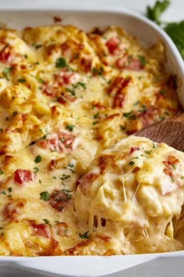 A creamy baked chicken spaghetti casserole in a white baking dish topped with melted cheese and garnished with chopped parsley A wooden spoon lifts a portion showing stretchy cheese and chunks of chicken and red bell pepper