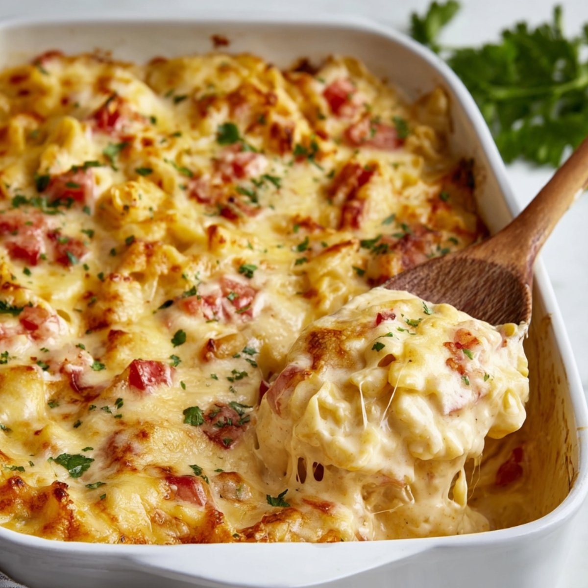 A creamy baked chicken spaghetti casserole in a white baking dish topped with melted cheese and garnished with chopped parsley A wooden spoon lifts a portion showing stretchy cheese and chunks of chicken and red bell pepper