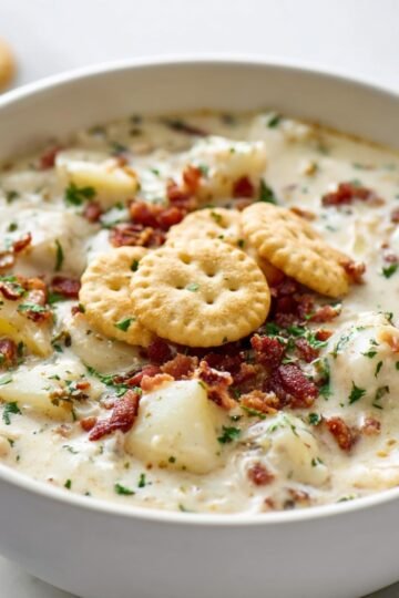 A creamy bowl of clam chowder garnished with crumbled bacon, fresh parsley, and round crackers with a spoon resting in the soup