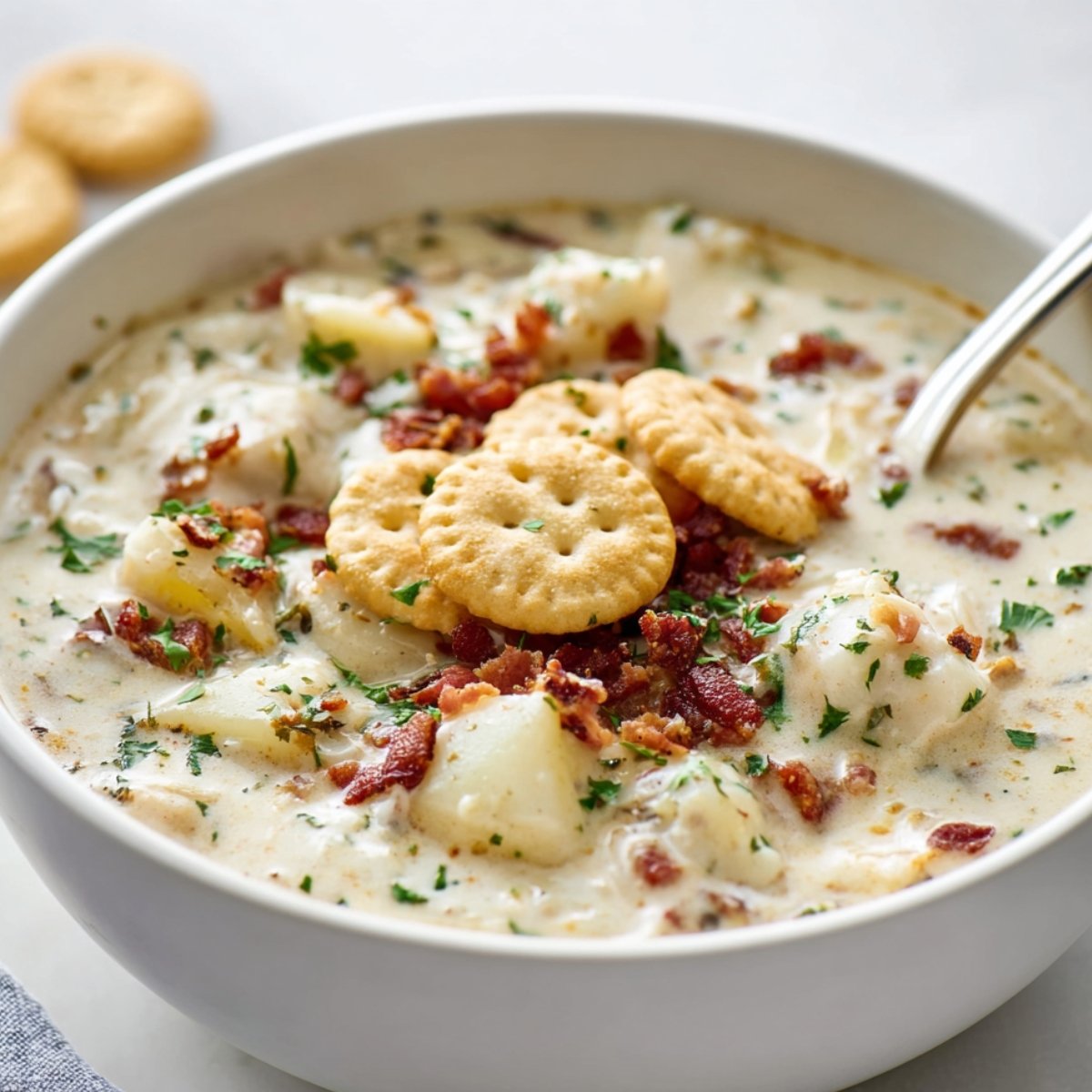 A creamy bowl of clam chowder garnished with crumbled bacon, fresh parsley, and round crackers with a spoon resting in the soup