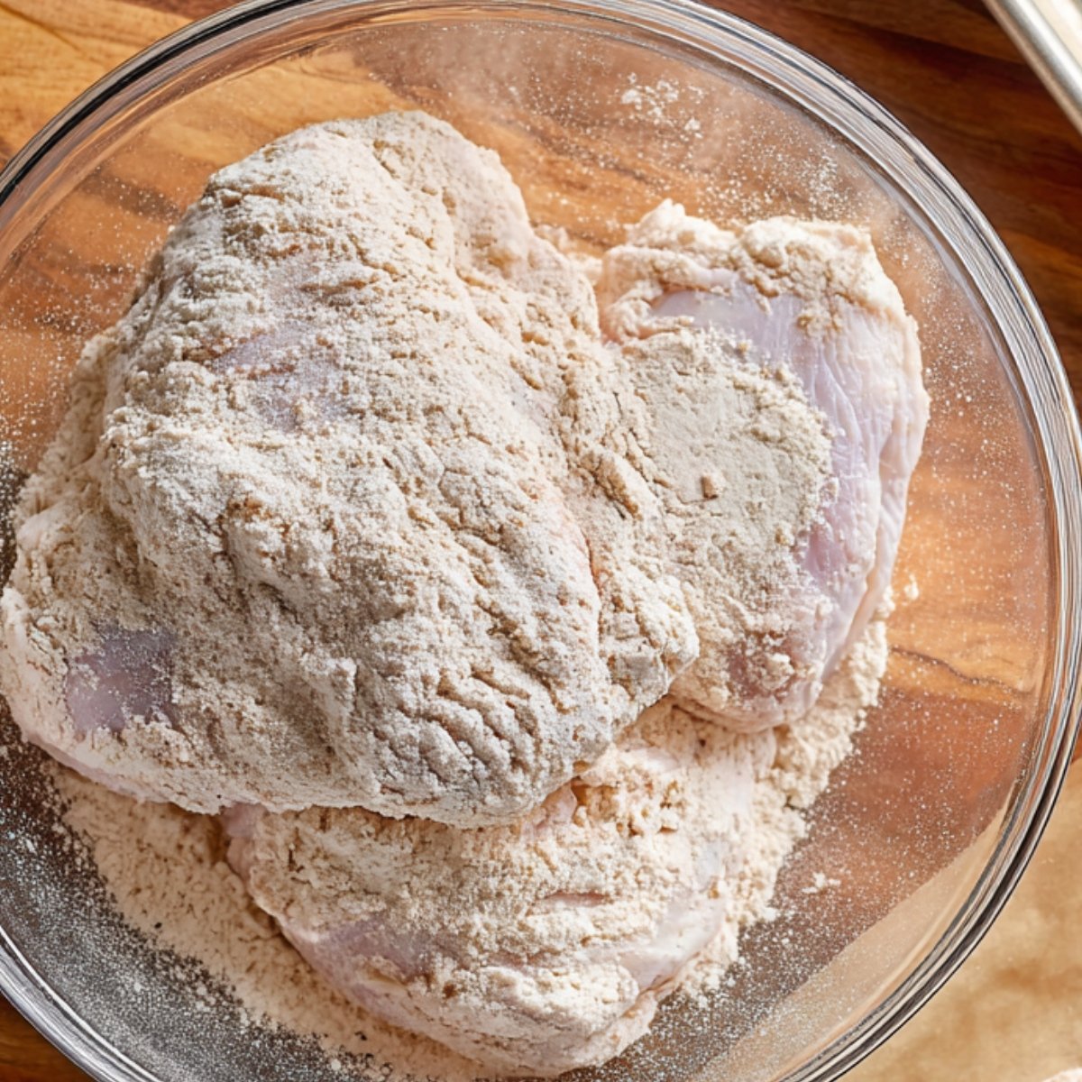 Raw chicken pieces coated in flour and seasonings in a glass mixing bowl, prepared for frying or baking.
