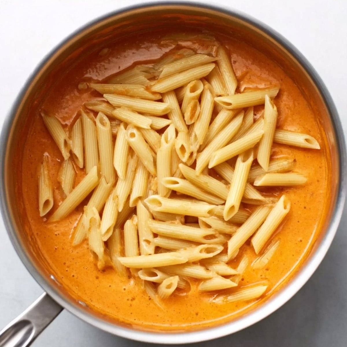 Penne pasta added to a pot of creamy pink tomato sauce, partially mixed