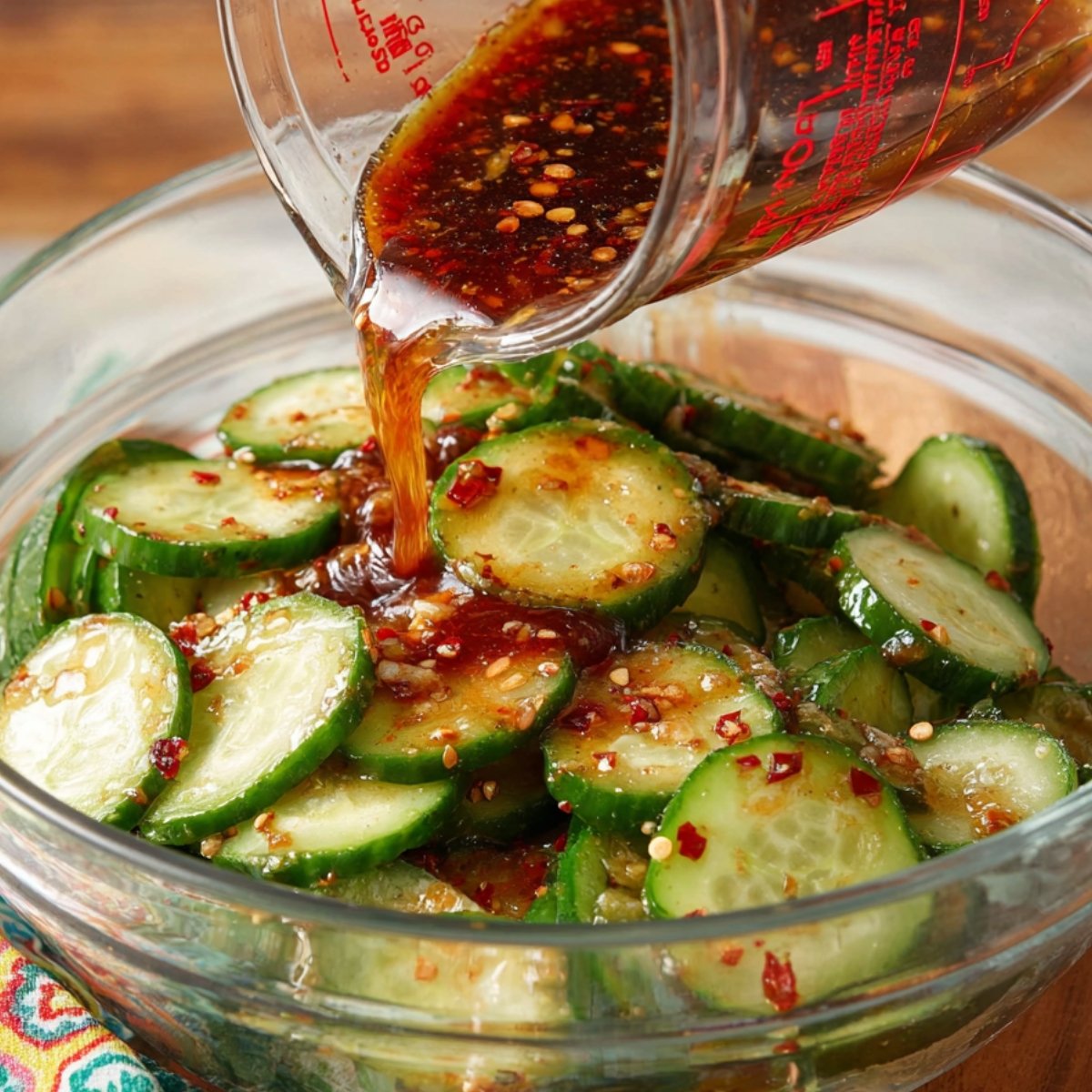 A glass measuring cup pouring a dark, spicy dressing with chili flakes over sliced cucumbers in a glass bowl.
