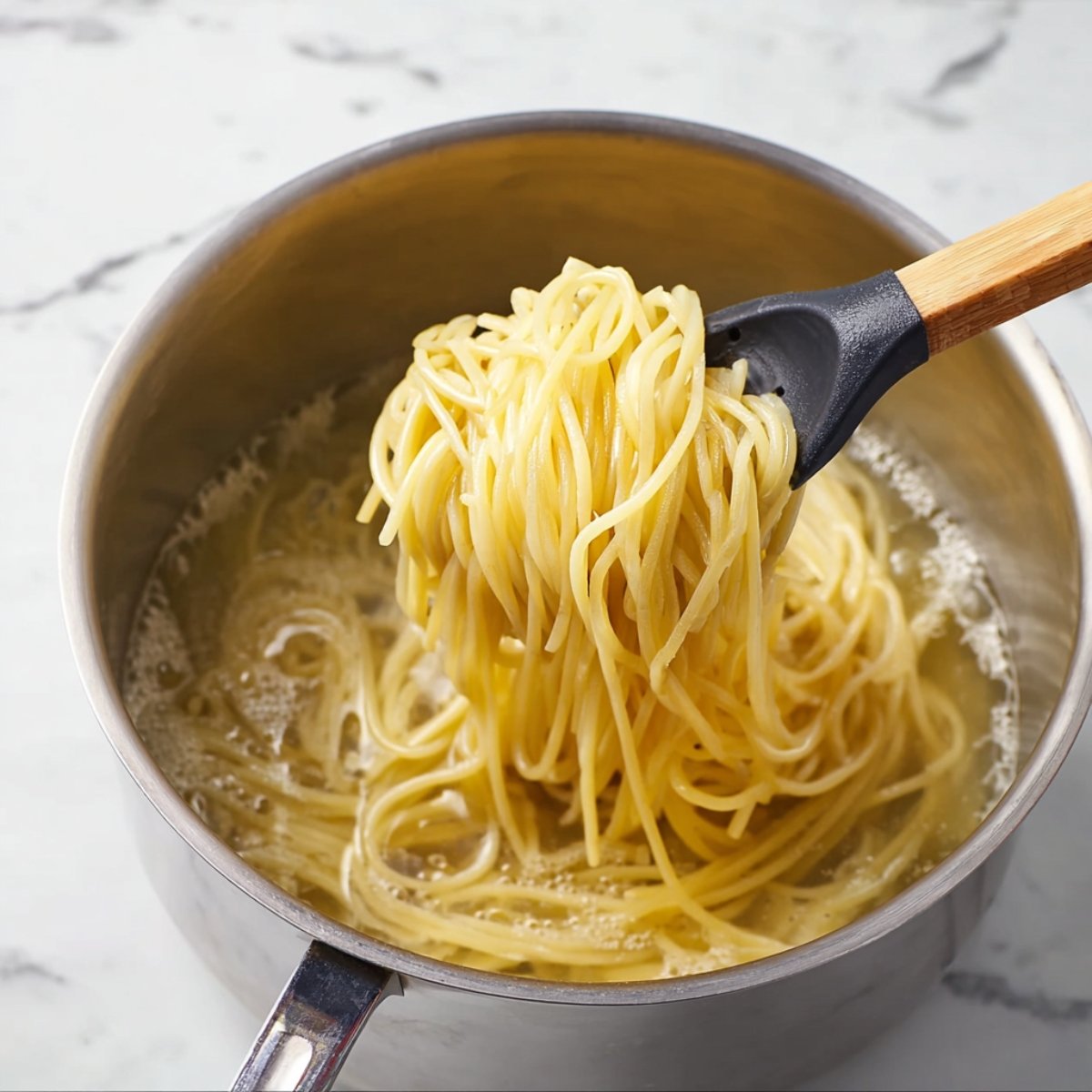 A close-up of cooked spaghetti being lifted from a pot of boiling water with a pasta fork The noodles are golden and steaming