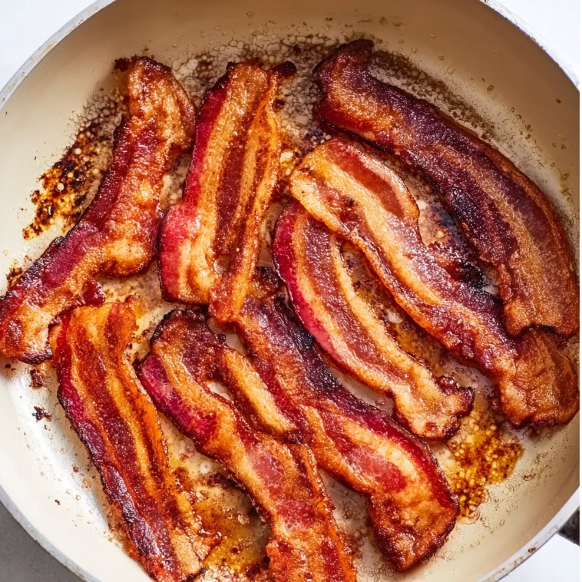 Several strips of crispy bacon cooking in a skillet showing golden-brown edges and rendered fat