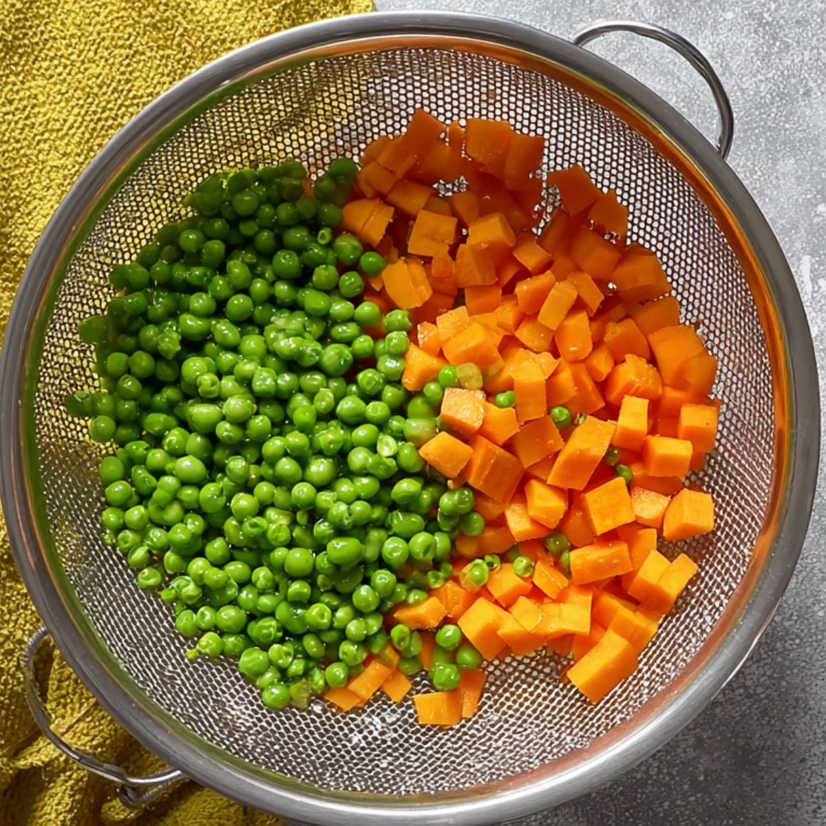 Overhead view of a metal colander holding cooked green peas and diced orange carrots, resting on a yellow cloth.