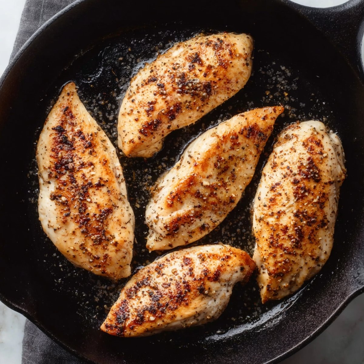 Five seasoned and seared chicken breasts in a black skillet, showing golden-brown crusts