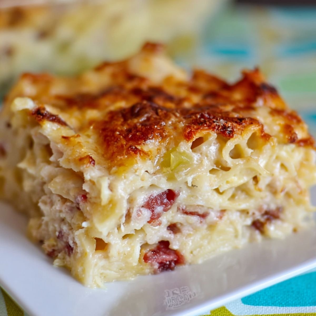 A close-up of cooked Corned Beef and Cabbage Casserole draining in a white colander, showing their soft, slightly curly texture.