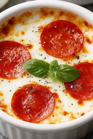 Close-up of a baked individual Cottage Cheese Pizza Bowl in a white ramekin, topped with melted mozzarella, pepperoni slices, and a fresh basil leaf garnish.